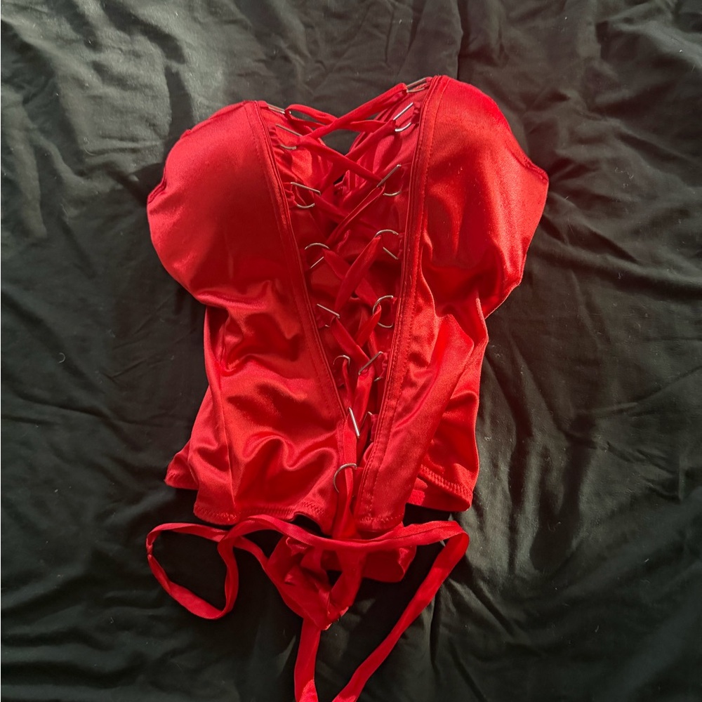 Red Lace-Up Satin Bustier